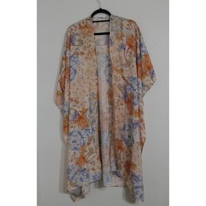 Love Kyla Womens Kimono S Orange Blue Floral Silk Blend‎ Embroidered Boho Flowy